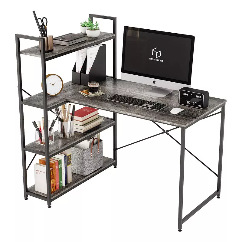 Nost and Host L Shaped Contemporary Home Office Computer Desk with Shelves， Gray