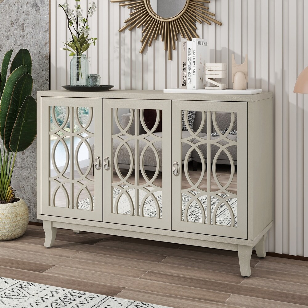 Modern Storage Cabinet  Sideboard with Glass Doors  3 Door Mirrored Buffet Cabinet with Silver Handle for Living Room  Hallway