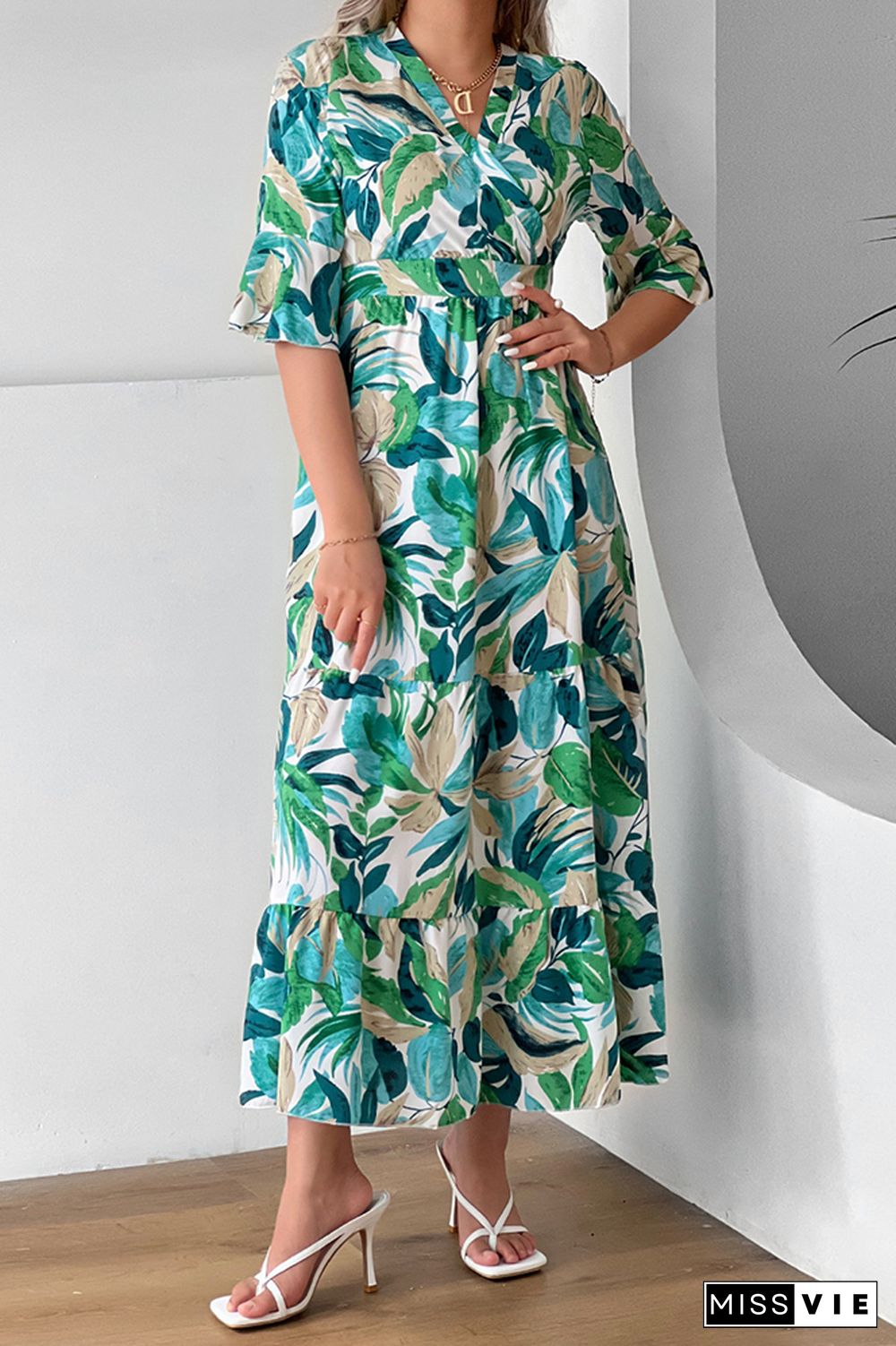 Paisley Floral Print Flare Sleeves Maxi Dress Wholesale