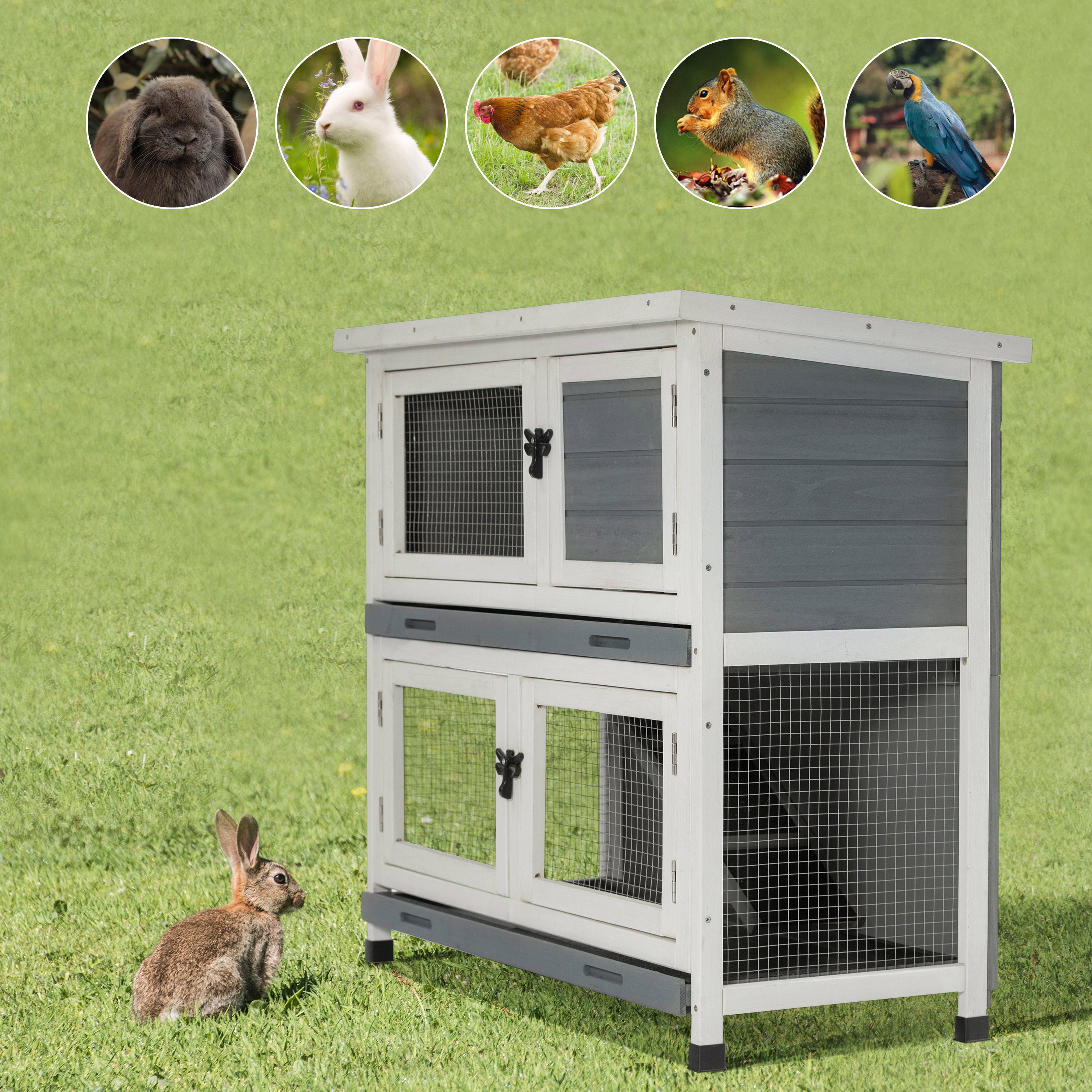 Rabbit Hutch Indoor and Outdoor Use， Two-Tier Animal Hutch with Flip-up Roof