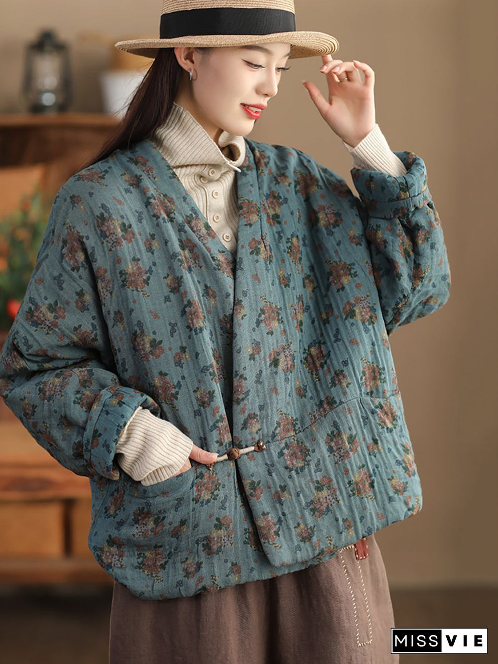 Women Retro Floral V-neck Cotton Jacket