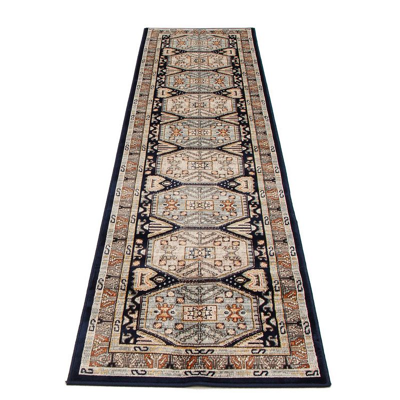 2.5' x 10' Navy Blue and Cream Medallion Geometric Rectangular Rug Runner