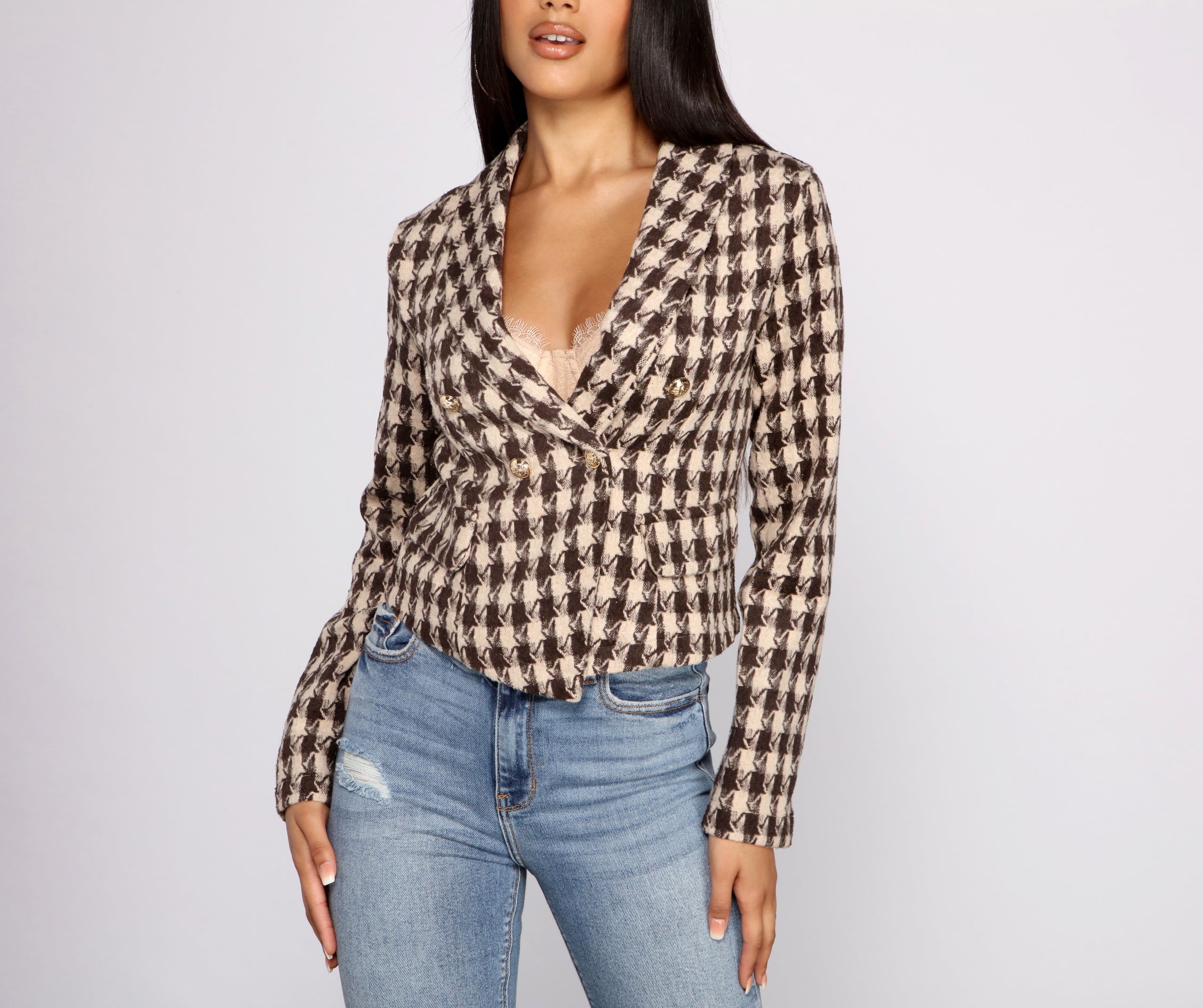 Poised and Professional Houndstooth Cropped Blazer