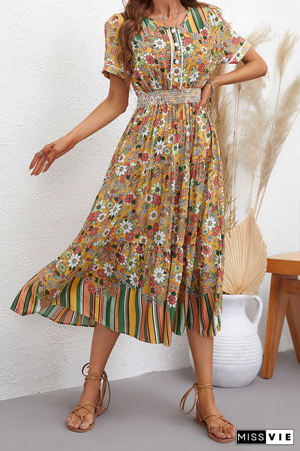 Flower And Stripes Printinig Patchwork Bohemia Dress