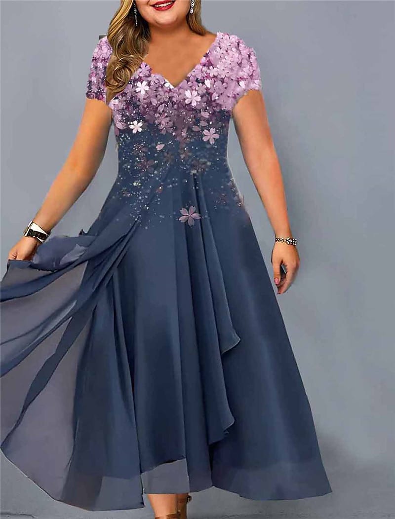 Women's Plus Size A Line Dress Floral V Neck Short Sleeve Spring Summer Elegant Midi Dress Daily Vacation Dress