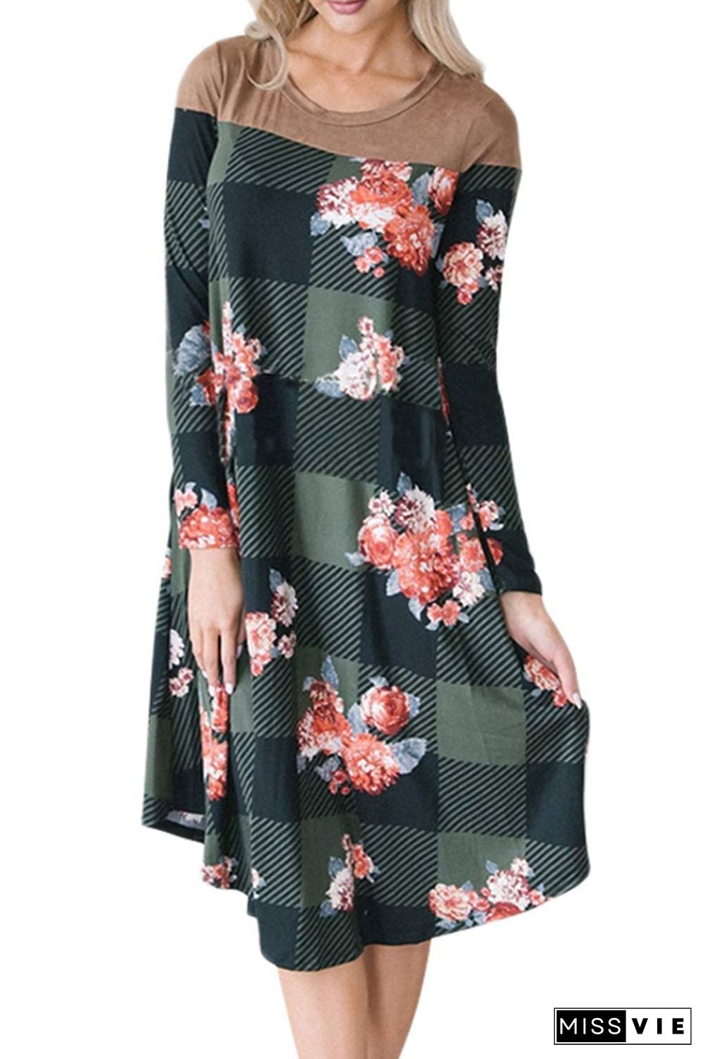 Joint Long Sleeve Women Pocket Casual Printed Dress