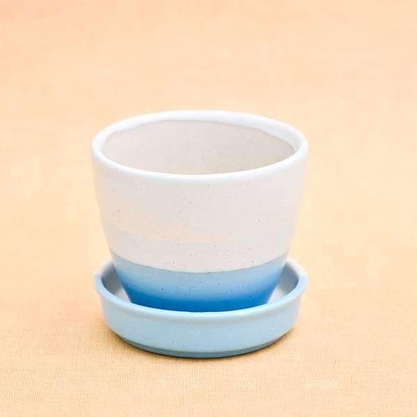 3.7 inch (9 cm) CP036 Round Egg Ceramic Pot with Plate (White, Blue) (set of 2)