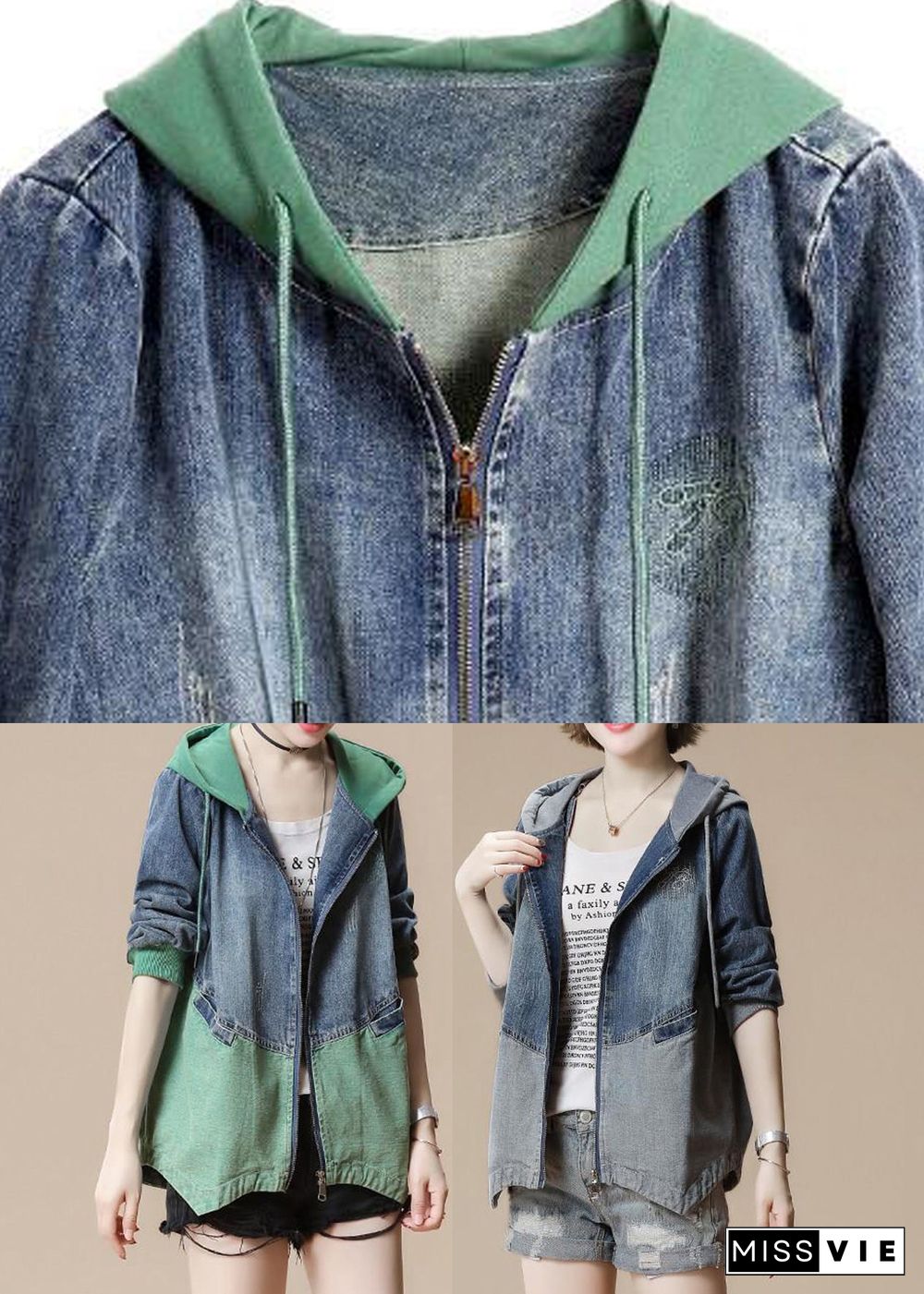 Green Drawstring Pockets Hoodie Denim Coat Long Sleeve