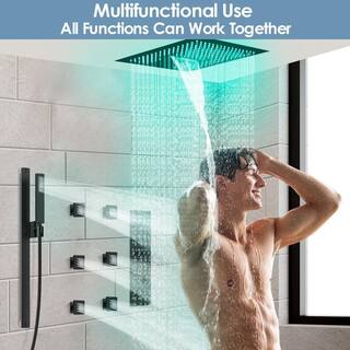 GRANDJOY LED Temperature Display with Valve 15-Spray Ceiling Mount 16 in. Fixed and Handheld Shower Head 2.5 GPM in Matte Black GJSFS-1027-BK16