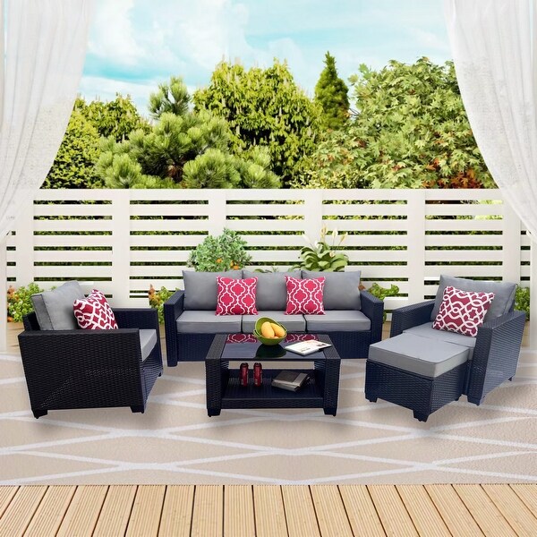 Modern 7PC PE Rattan Wicker Sofa Set，Cushioned Outdoor Furniture，Coffee Table