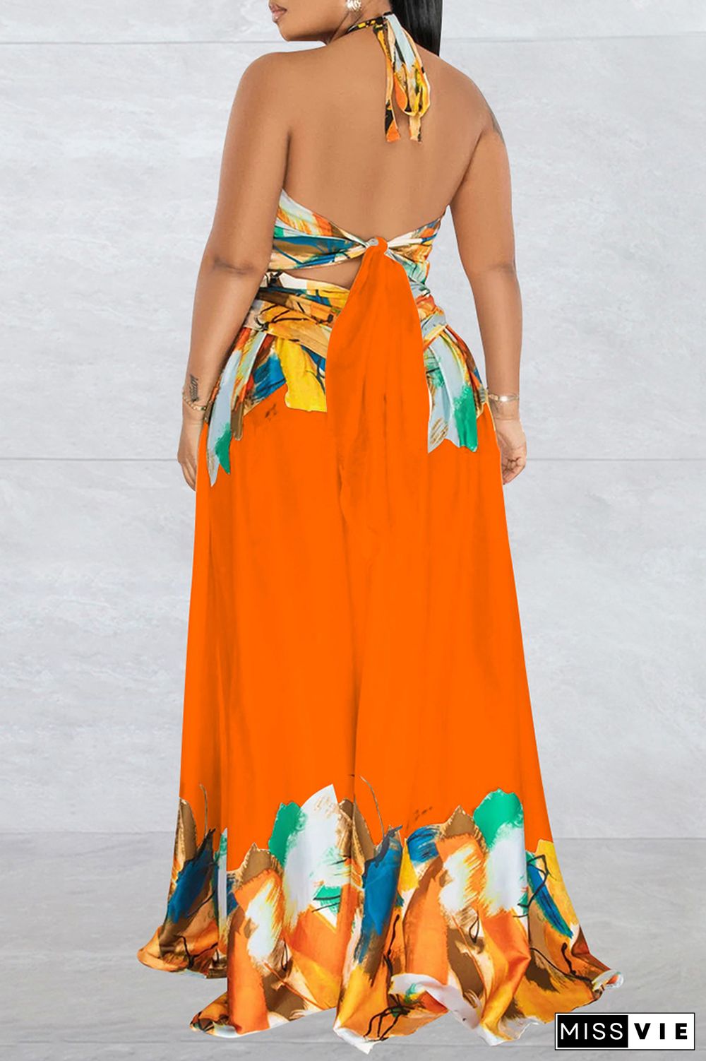 Orange Sexy Print Bandage Backless Slit Halter Long Dress Dresses