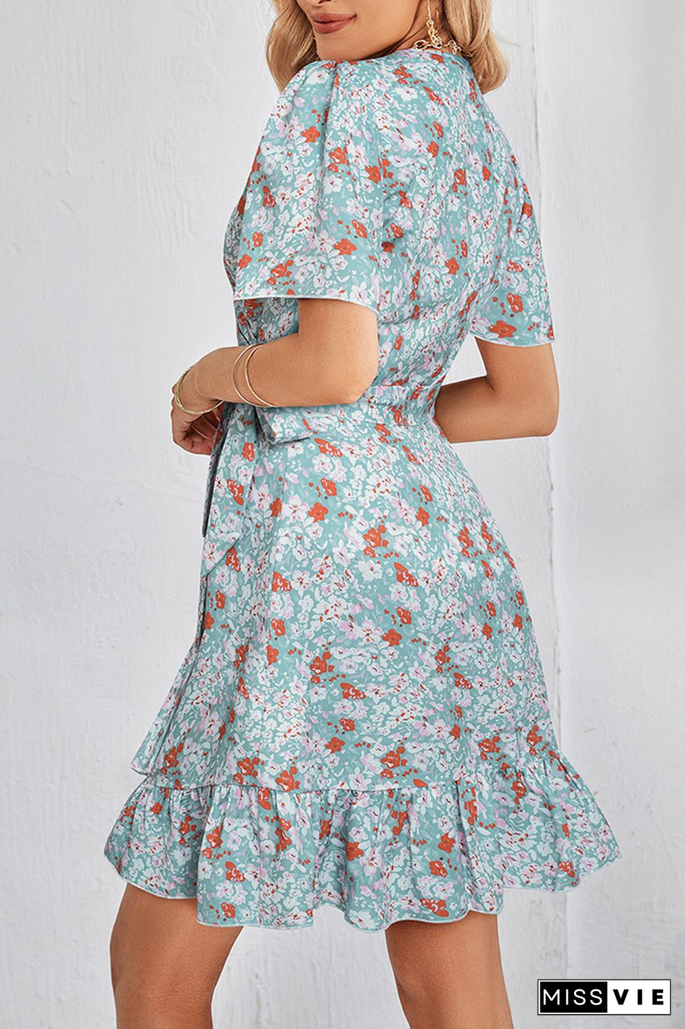 Wrap V Neck Side Sash Vintage Floral Dress