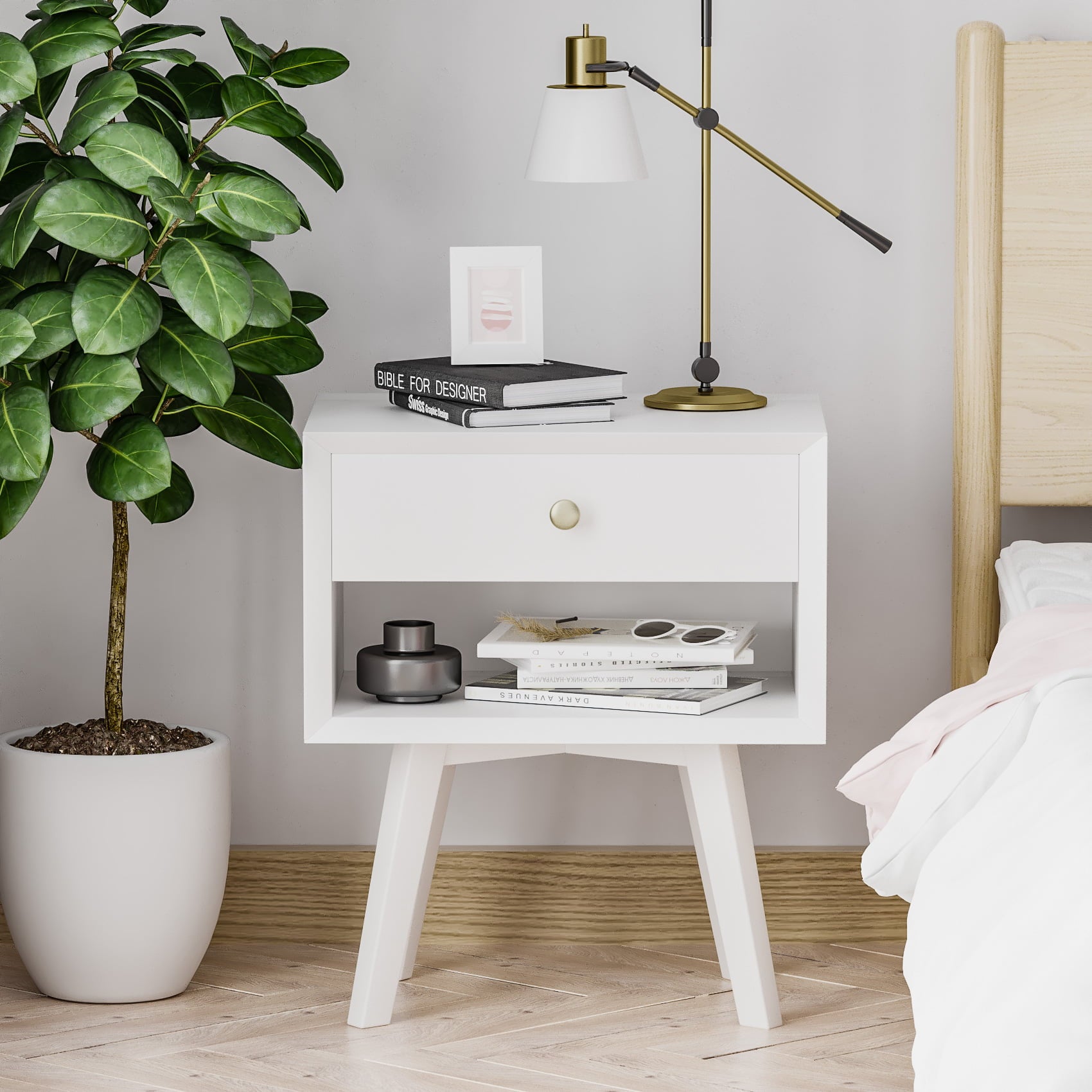 Algherohein Classic 1 Drawer White Finish Nightstands for Bedroom