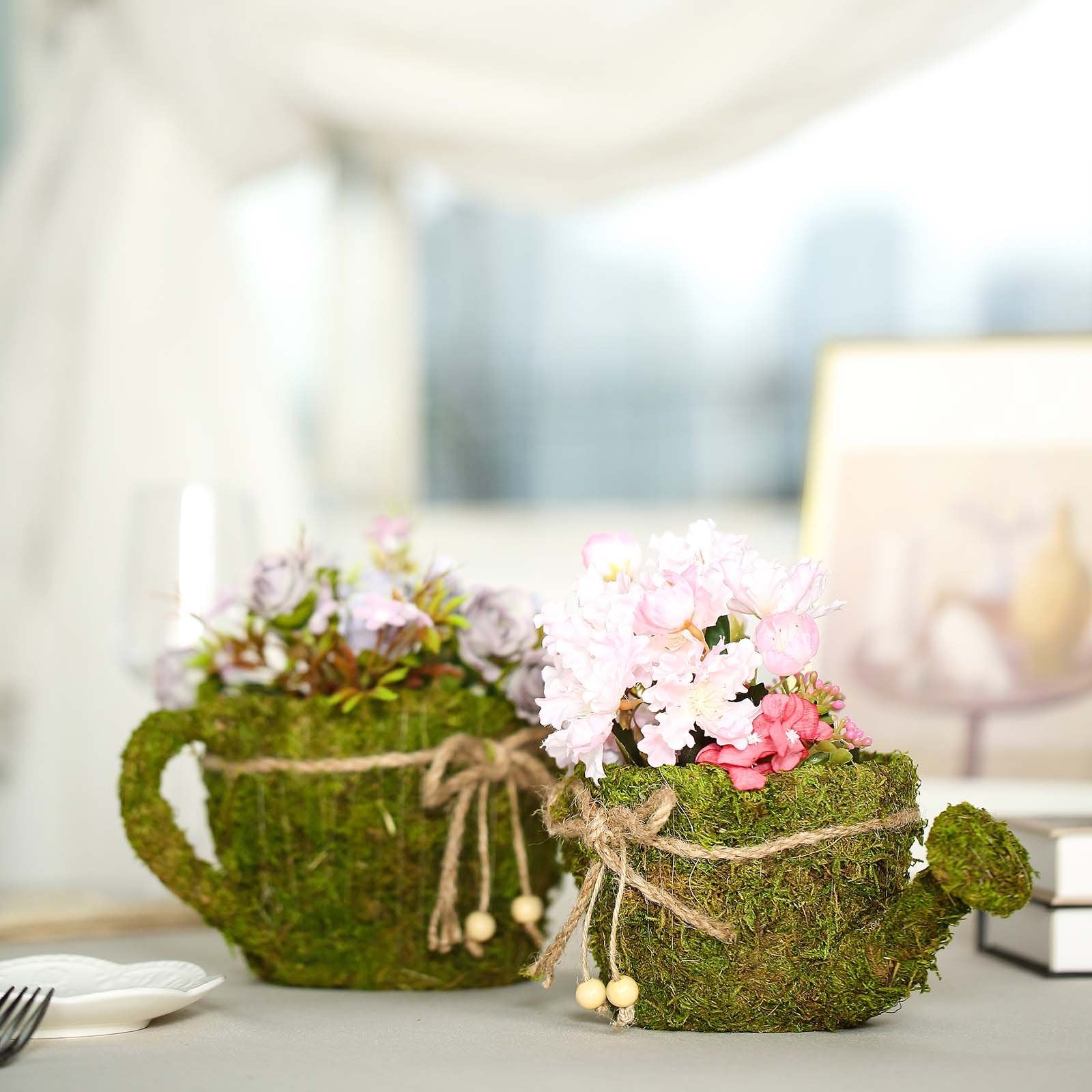 Efavormart Set of 2 |  Preserved Moss Watering Can Planter Box with Natural Braided Twine Bow - 11