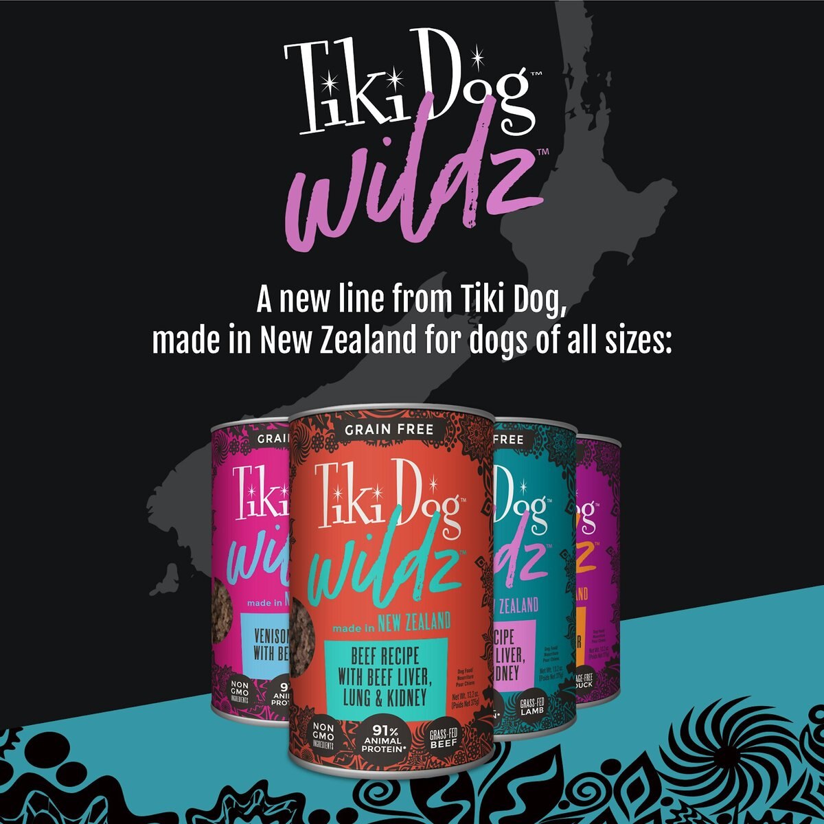 Tiki Dog Wildz Duck Recipe with Chicken Liver Grain-Free Wet Dog Food， 13.2-oz can， case of 12