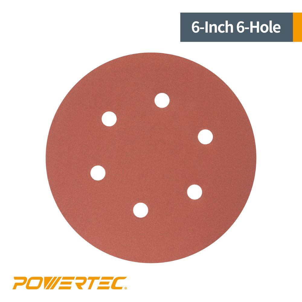 POWERTEC 6 in. 180-Grit Aluminum Oxide Hook and Loop 6-Hole Disc (25-Pack) 45218