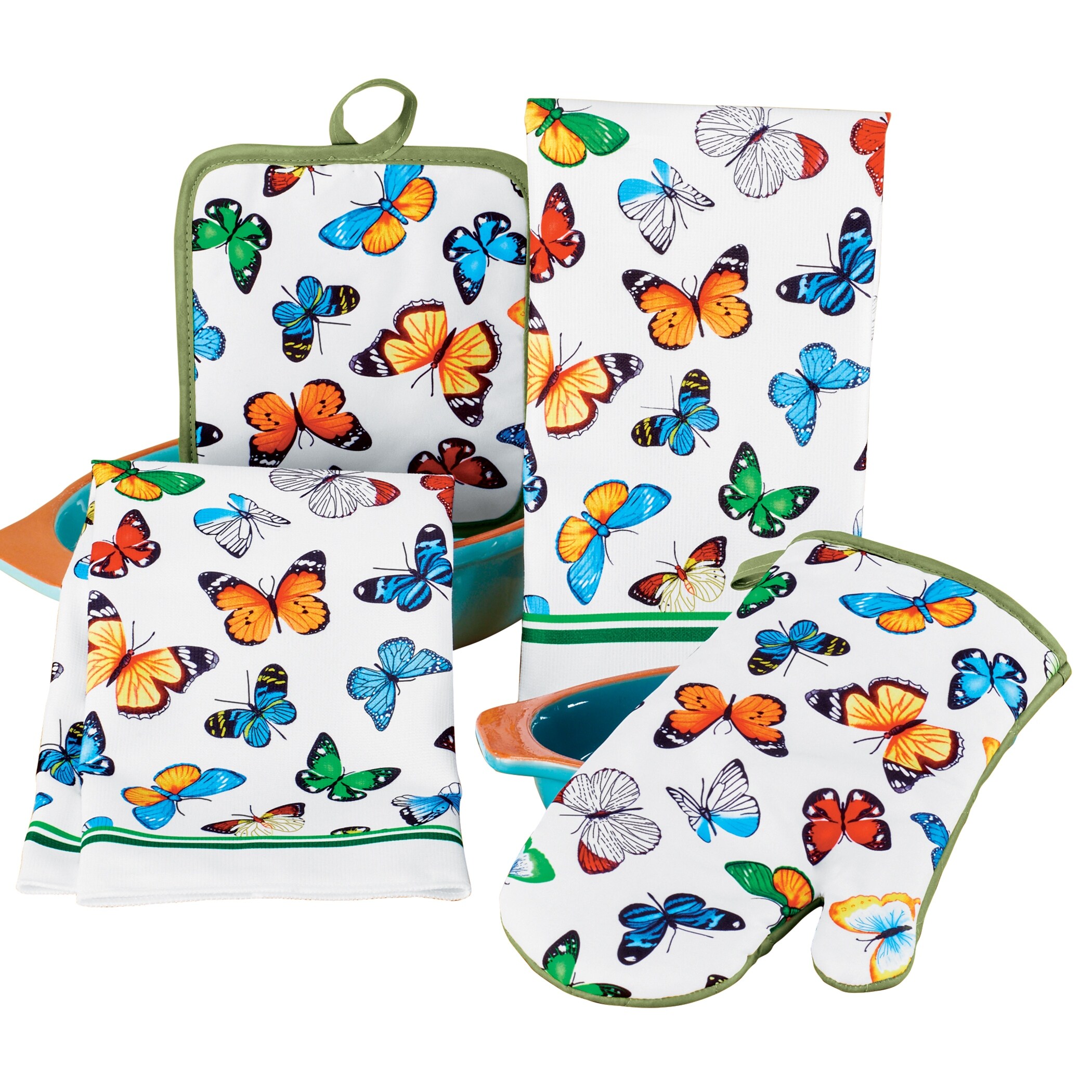 4-Piece Oven Mitt， Pot Holder and Towels Butterfly Kitchen Set - 7.000 x 6.000 x 2.250