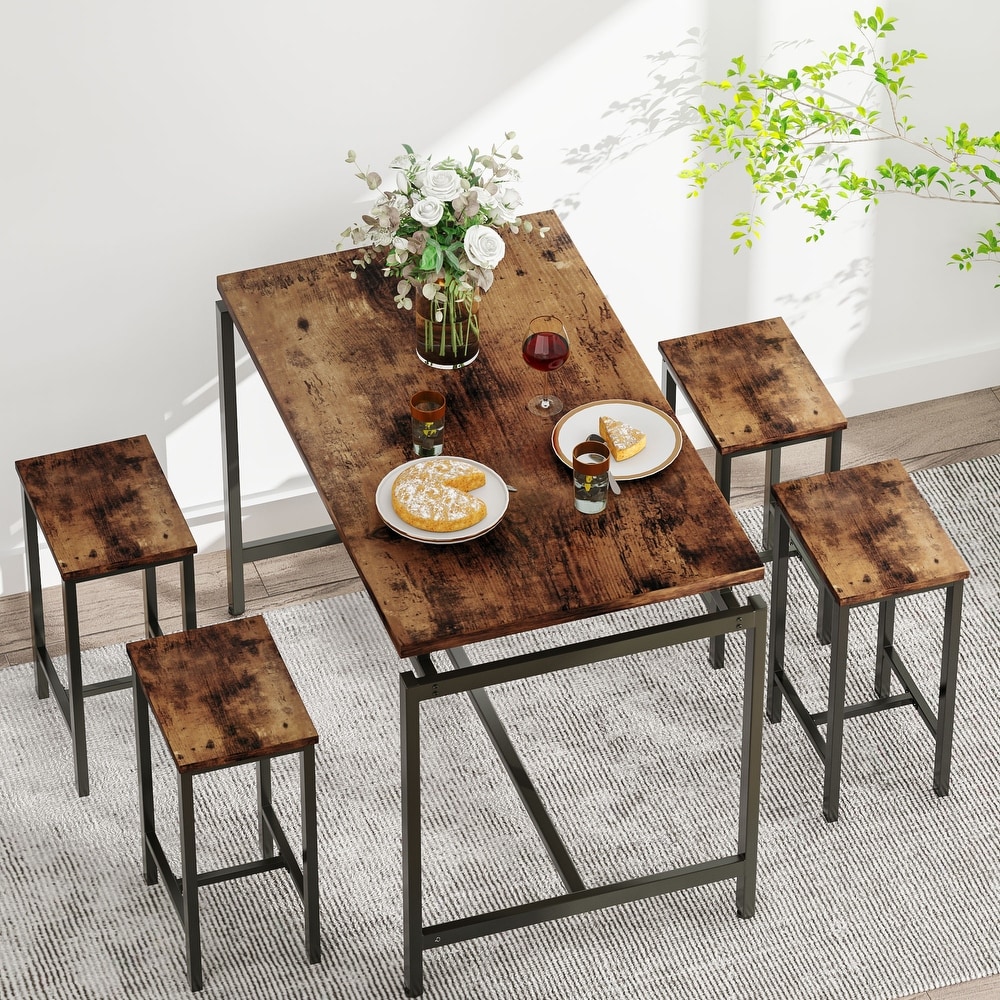 Mieres Minimalist Industrial Style Wooden Top 5 Pieces Dining Table Set with Four Stools for Ktichen and Dining Room