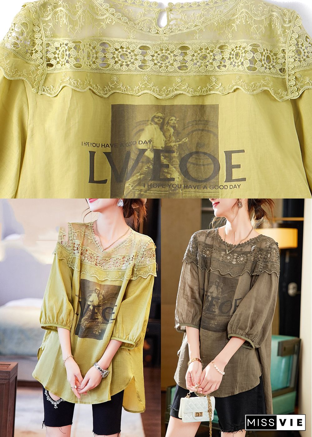 Coffee Patchwork O-Neck Low High Design Linen T Shirt Half Sleeve