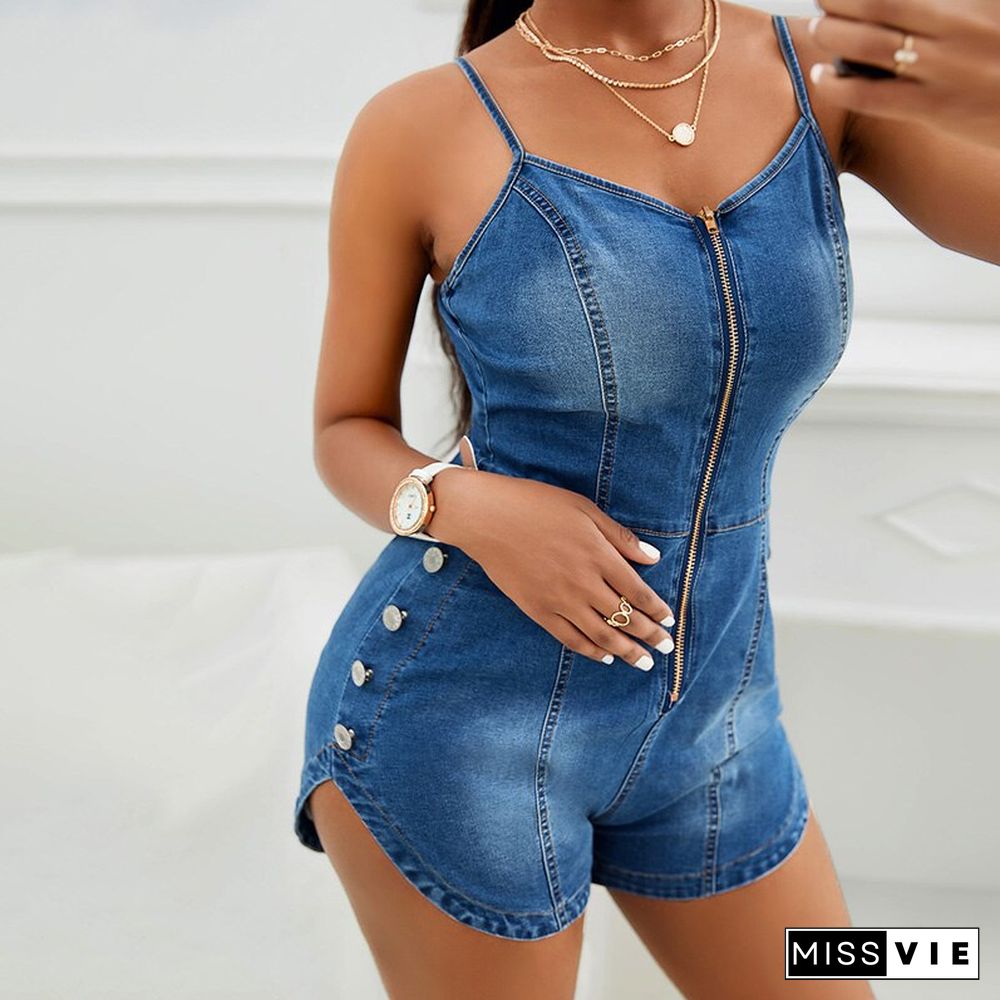 Women Fashion Spaghetti Strap Denim Romper Female Playsuit Zipper Up Front Cami Rompers