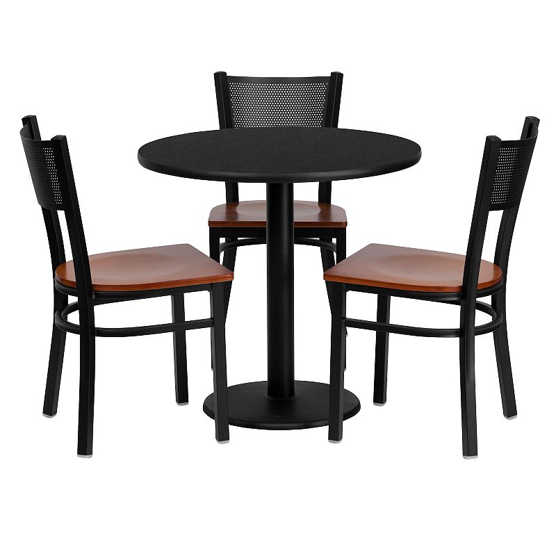 Emma and Oliver 30 Round Black Laminate Table Set， 3 Grid Back Metal Chairs