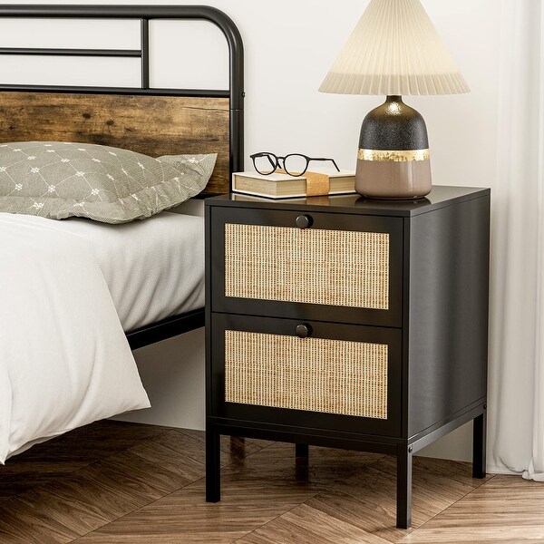 Rattan Nightstand Set of 2， End Side Table with 2 Handmade Natural Rattan Drawers， Accent Bedside Table with Storage - - 37629454