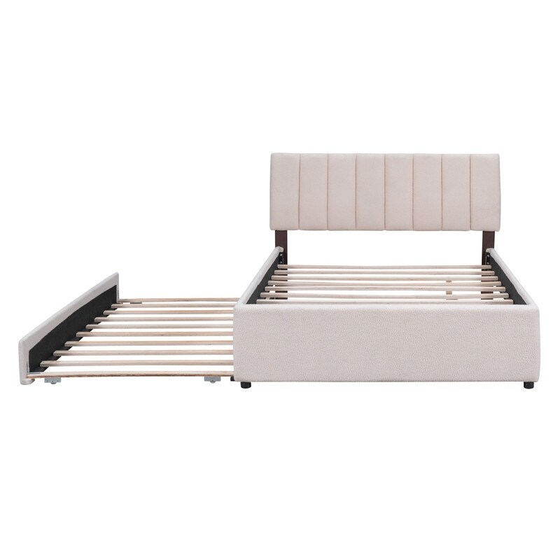 Teddy Fleece Full/Queen Size Upholstered Platform Bed with Trundle  Smart LED Bed Frame with Headboard and Wooden Slats Support