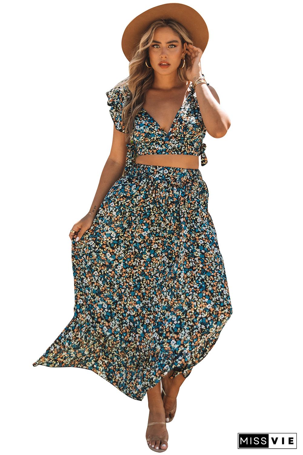 Multicolor Floral Ruffled Crop Top and Maxi Skirt Set