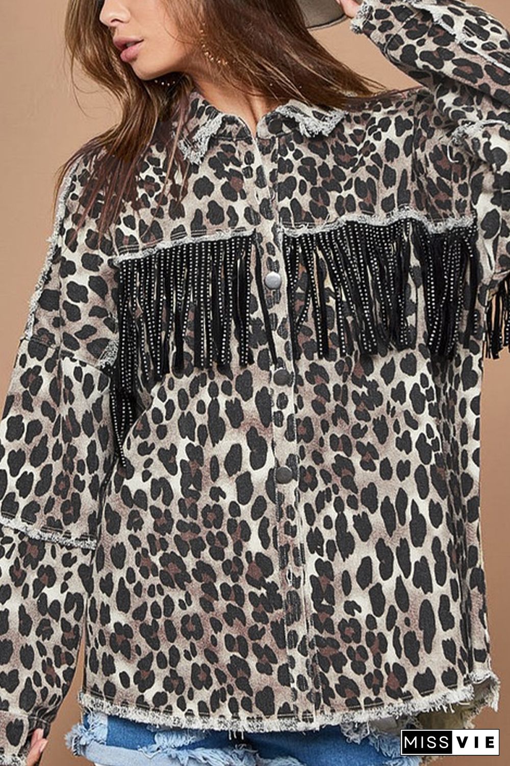 Distressed Raw Hem Leopard Tassle Denim Jacket Coat