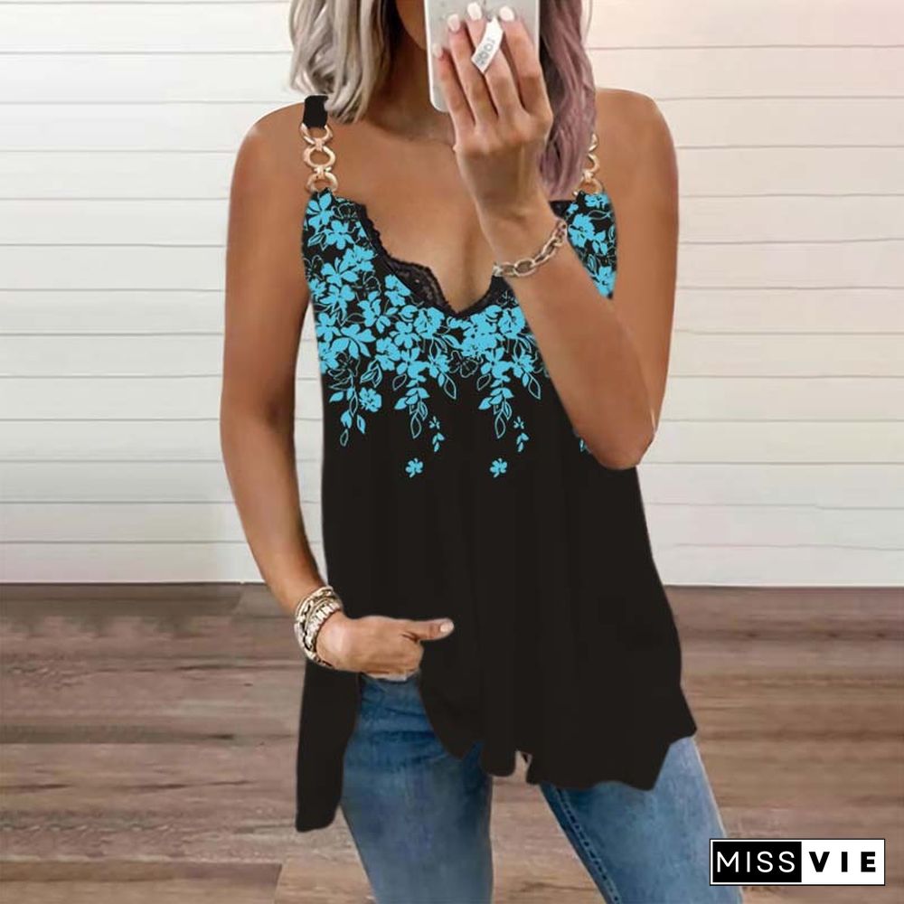 Summer Sexy Lace V Neck Floral Print Camisole T-Shirt New Chic Metal Strap Tank Top Women Loose Casual Fashion Harajuku Vest