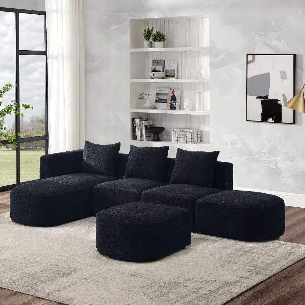 L Shape Sectional Sofa with Chaise and Ottoman  Loop Yarn Fabric