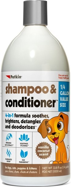 Petkin 4-in-1 Vanilla Coconut Scent Dog and Cat Shampoo and Conditioner， 32-oz bottle