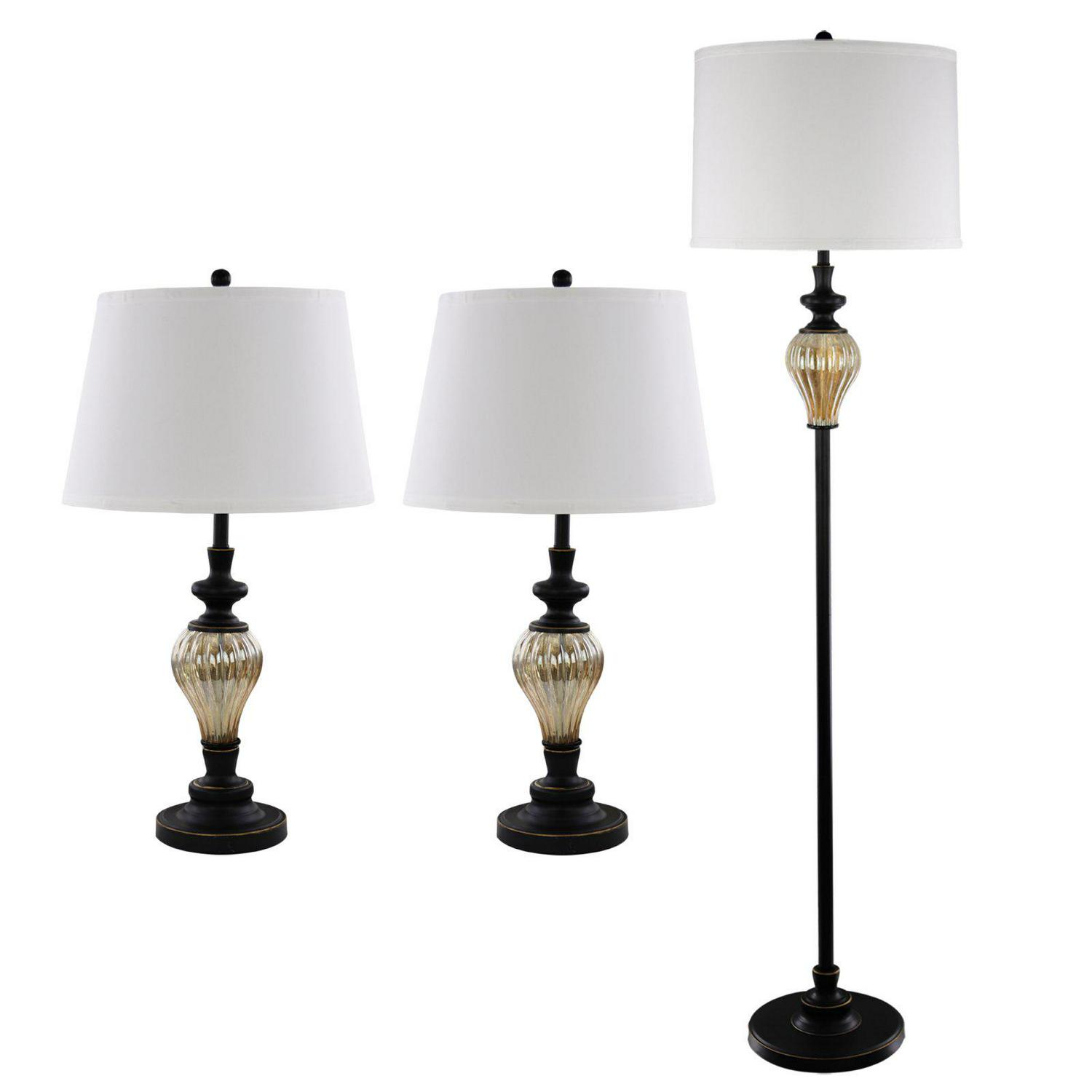 Abble Traditional Metal and Glass 3 Piece Lamp Set