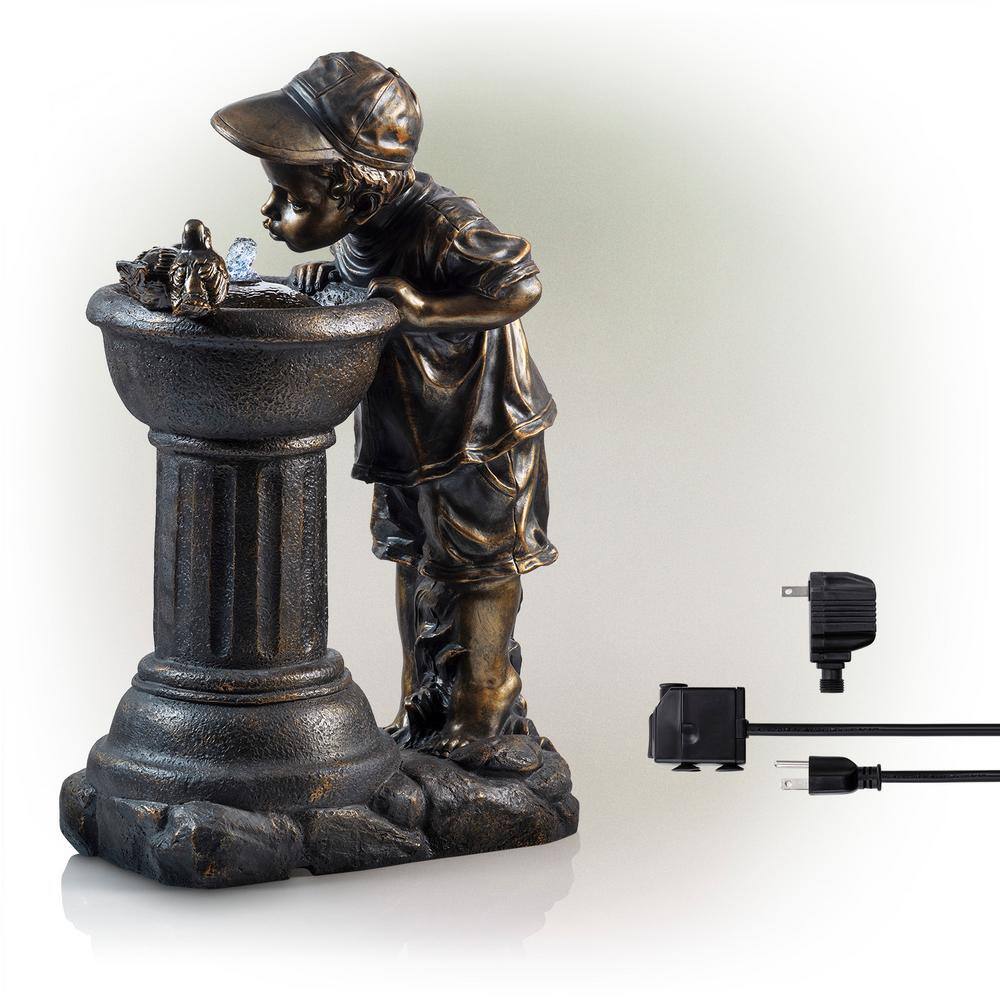 Alpine Corporation 27 in. Tall Indoor/Outdoor Boy Drinking From Water Fountain with LED Lights, Bronze GXT740