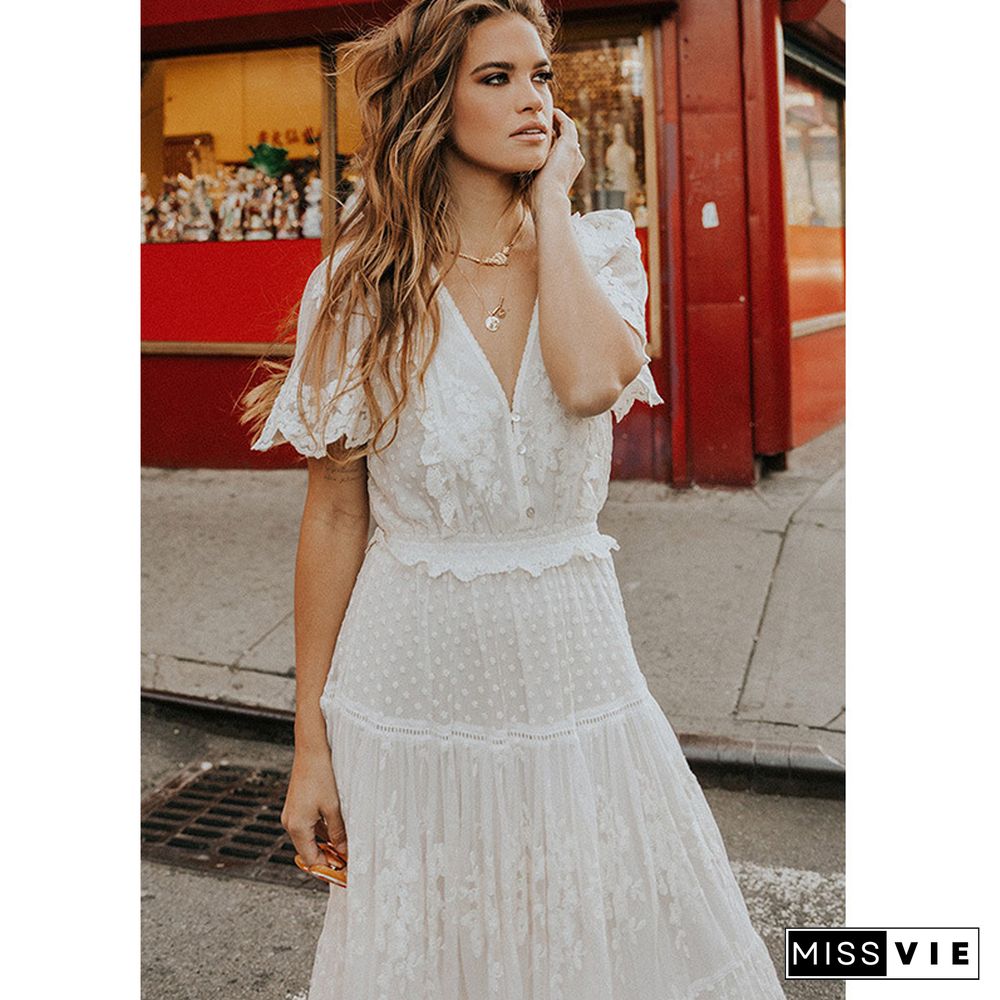 V-neck Short Sleeve Lace Dress White Dresses