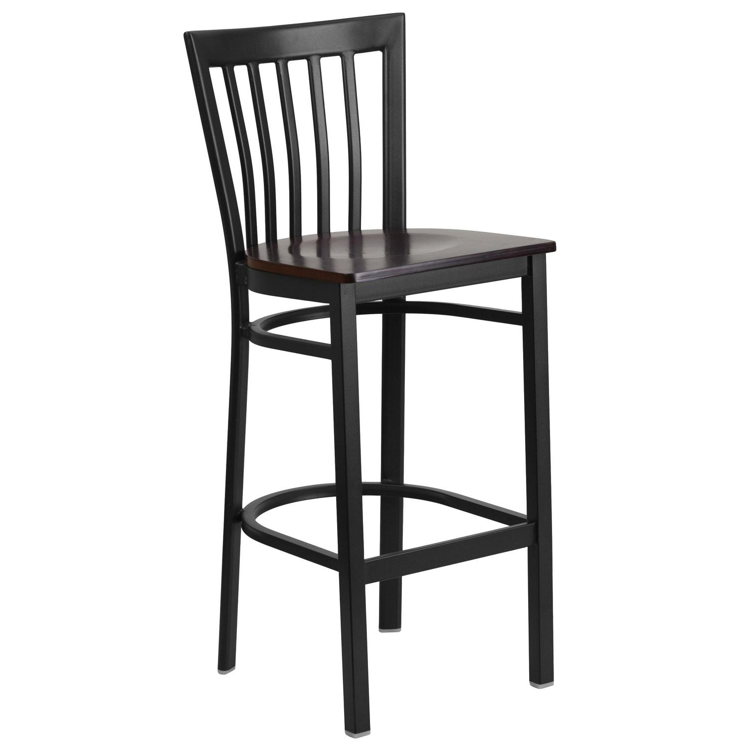 Flash Furniture HERCULES Series Black School House Back Metal Restaurant Barstool  Walnut Wood Seat