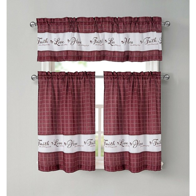 Kate Aurora Country Living Gingham Check Hope Faith Love 3 Pc Cafe Kitchen Curtain Set