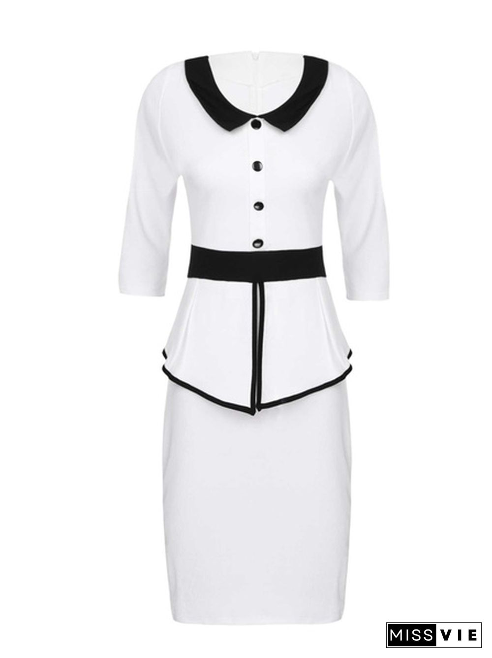 Office Ladies Attire Work Office Dresses One-Piece Round Ruffle Lapel Collar 3/4 Sleeve Slim Bodycon Pencil Outfits