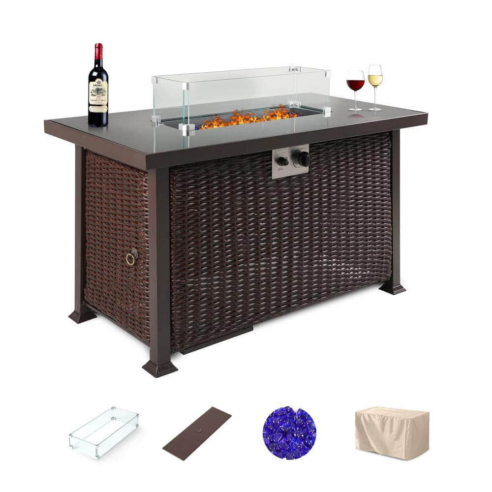 UPHA 43 in x 31 in Rectangle Wicker Propane Outdoor Fire Pit Table with Glass Wind Guard