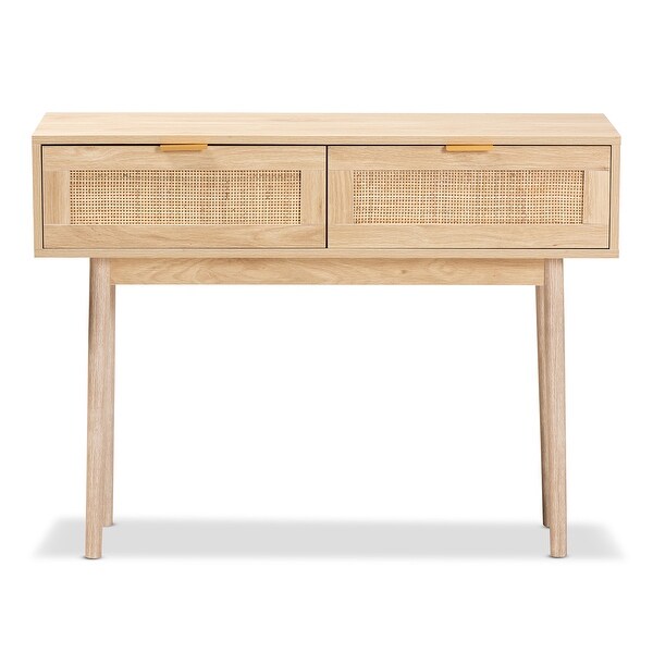 Baird Light Oak Brown Finished Wood and Rattan 2-Drawer Console Table