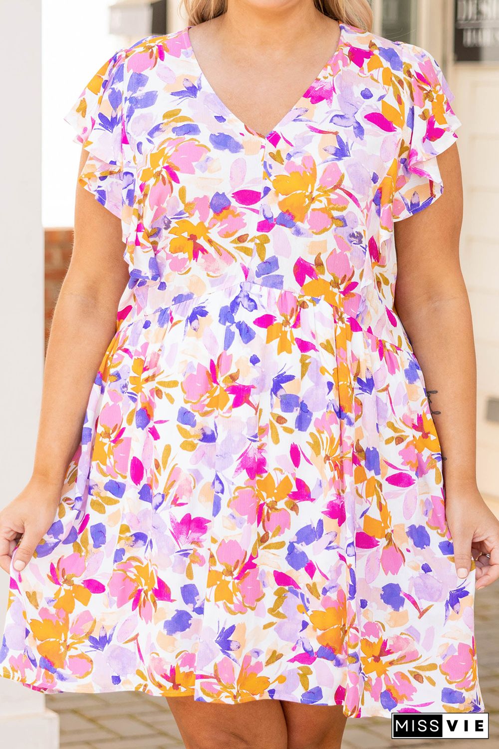 Multicolor Floral V-Neck Ruffled Sleeve Plus Size Dress