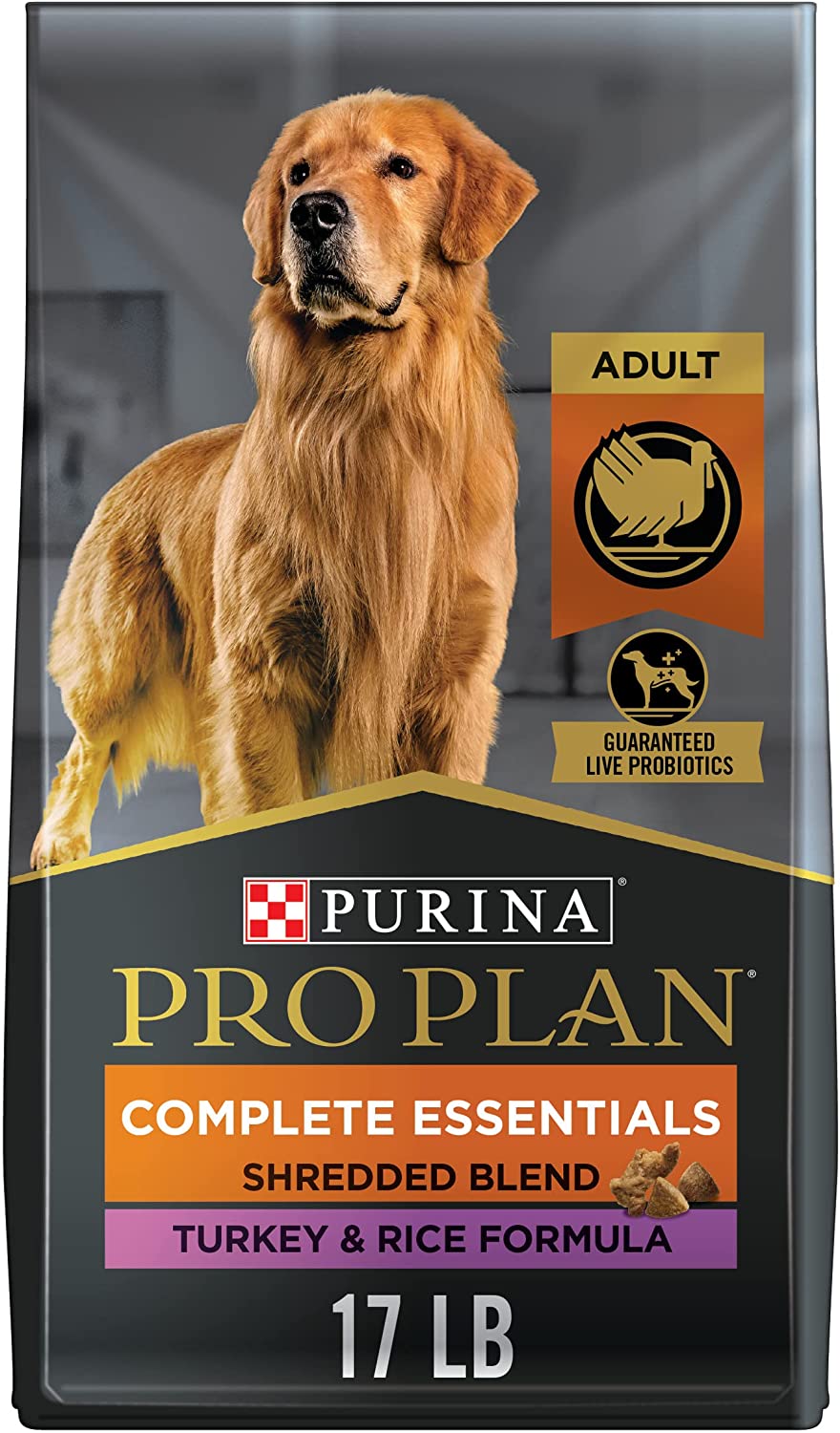 Purina Pro Plan High Protein Dog Food with Probiotics for Dogs， Shredded Blend Turkey and Rice Formula - 17 lb. Bag