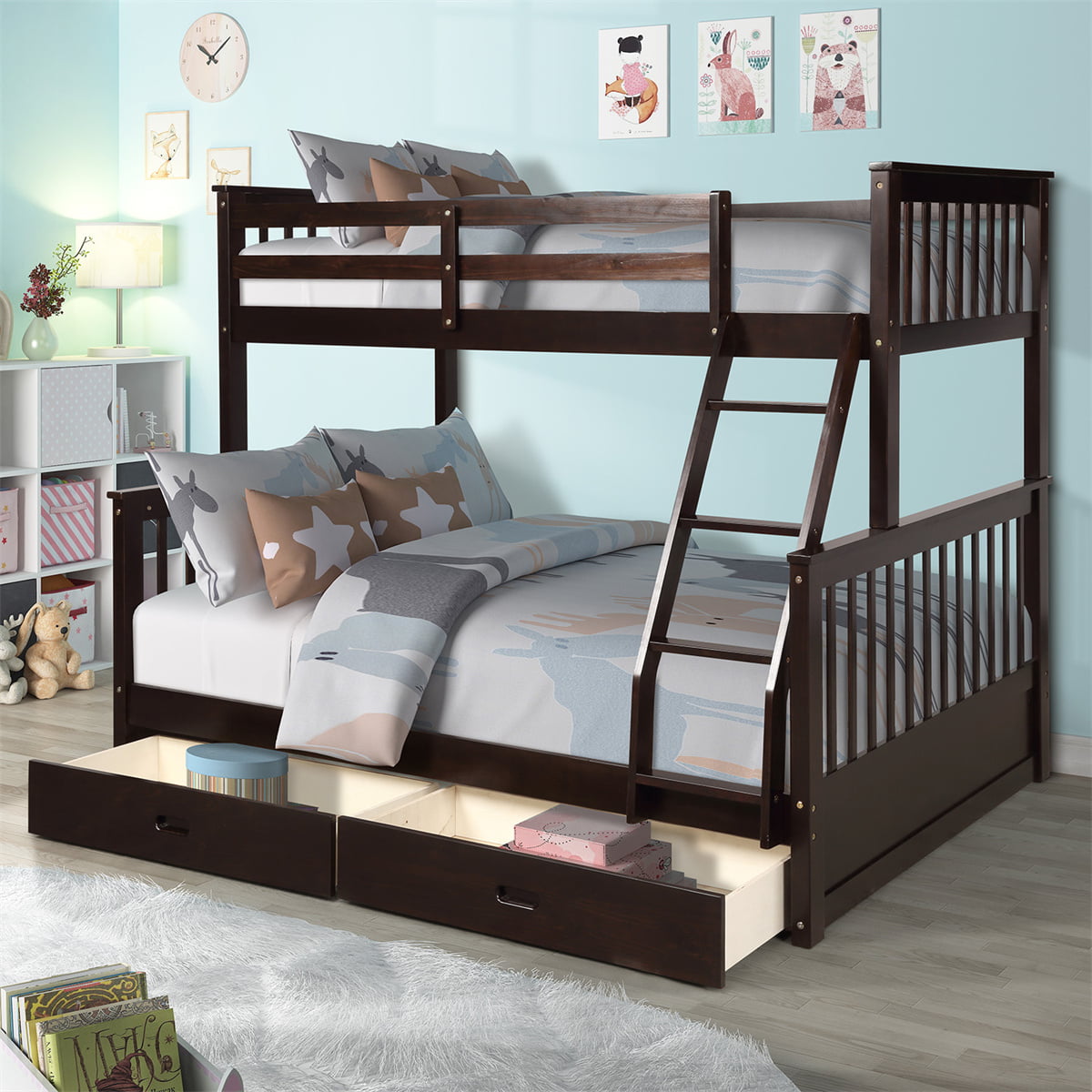 Twin Over Full Bunk Bed with Two Storage Drawers, Pine Wood Frame and Ladder with Guard Rails for Teens, Boys, Girls, Brown