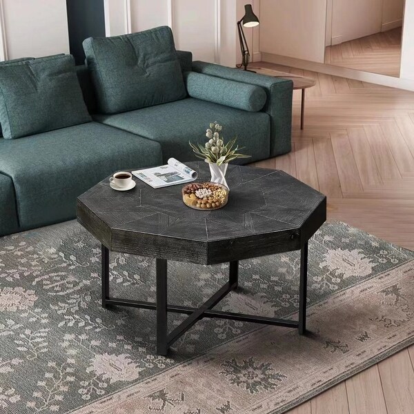 Roomfitters Wood Octagonal Vintage Coffee Table with Cross Metal Legs，Antique Black