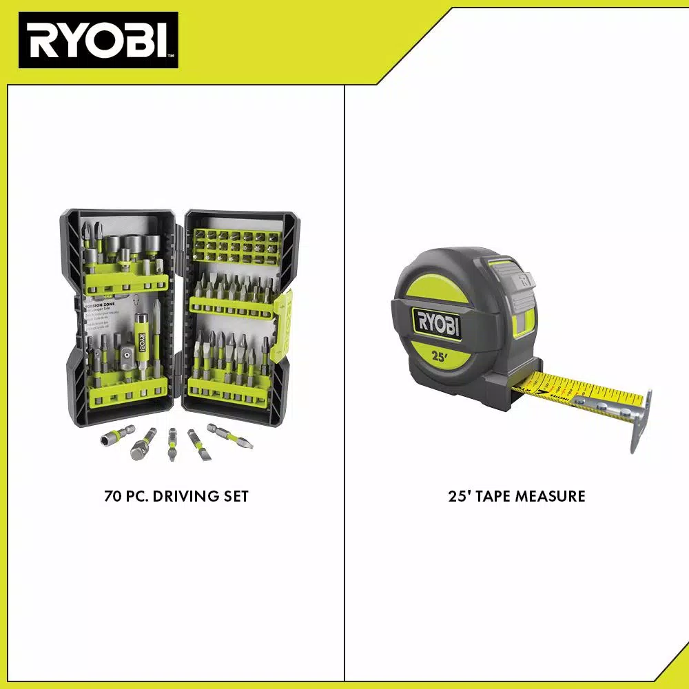 RYOBI Impact Rated Driving Kit (70-Piece) with BONUS 25FT Tape Measure and#8211; XDC Depot