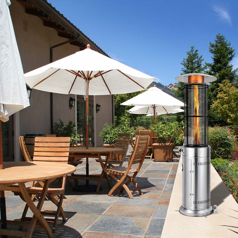 34,000BTU Standing Propane Patio Heater with Wheels, Stainless Steel Round Glass Tube Gas Outdoor Heater