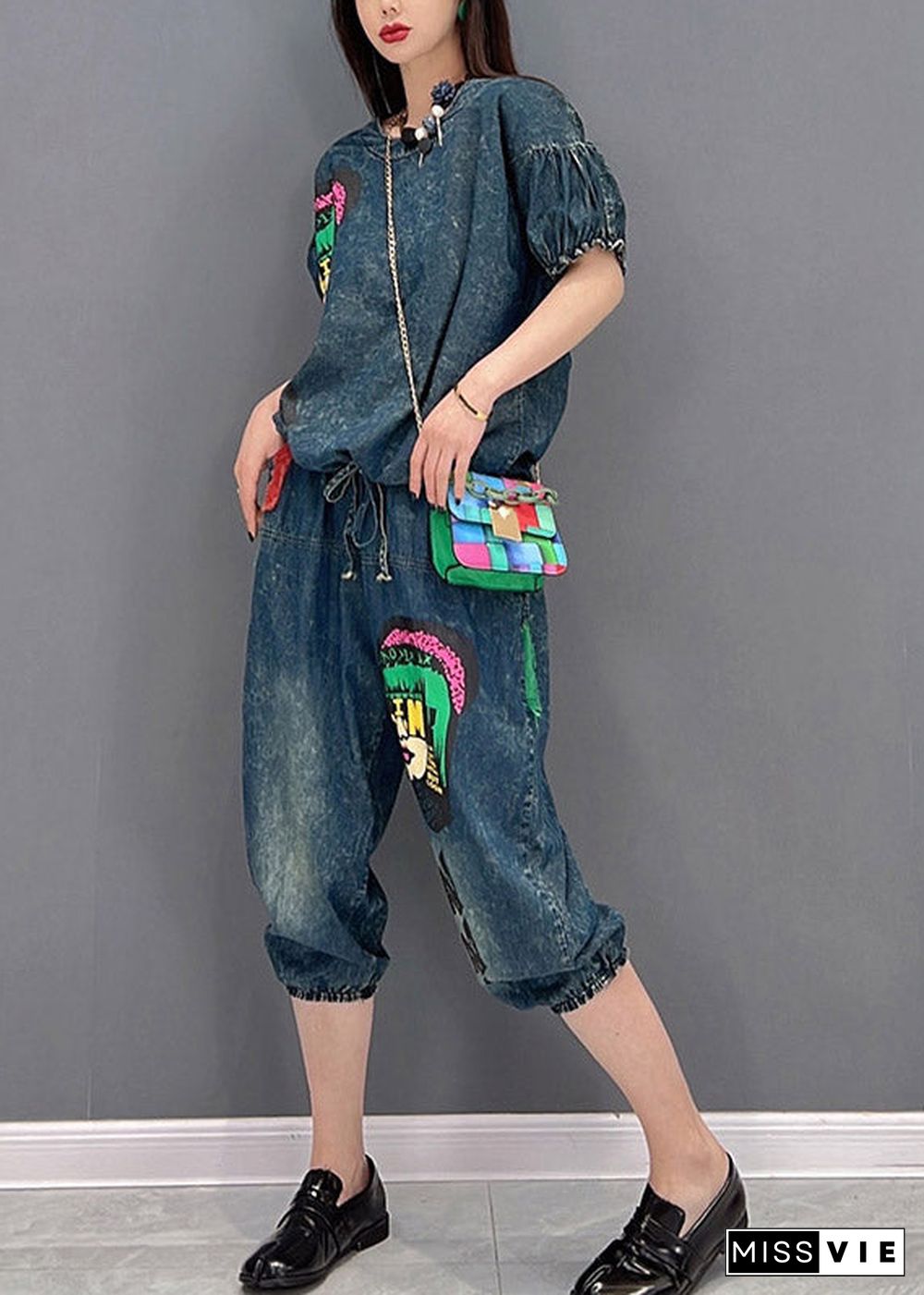 Handmade Blue O-Neck wrinkled Appliques Denim tops and pants Two Piece Set Women Clothing Short Sleeve