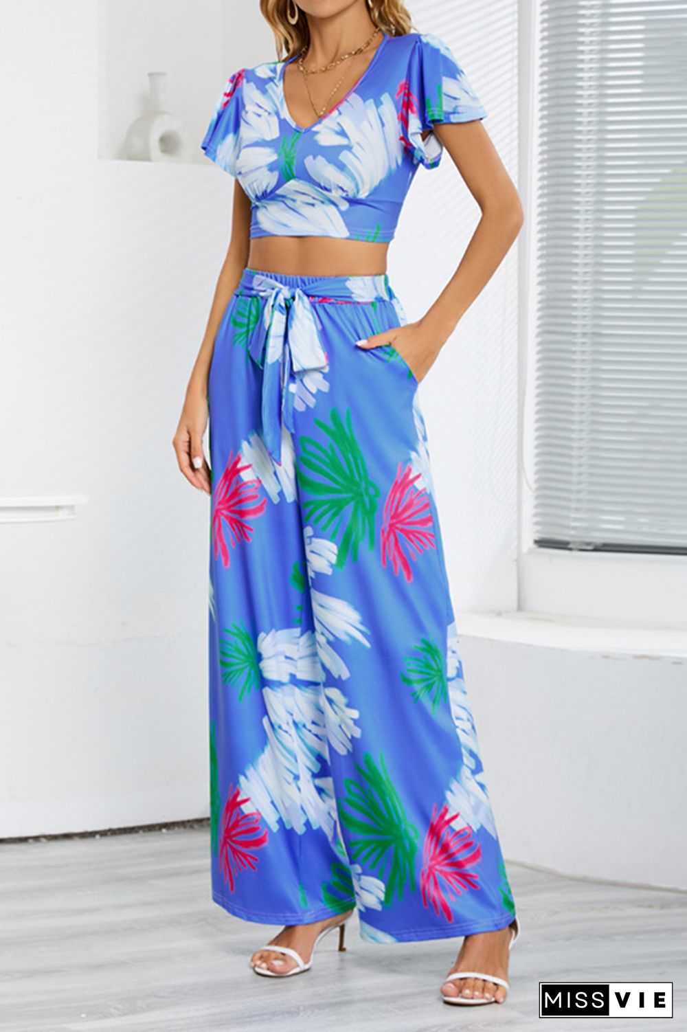 Leaf Print Crop Top and Wide Leg Pants Two Pieces Set