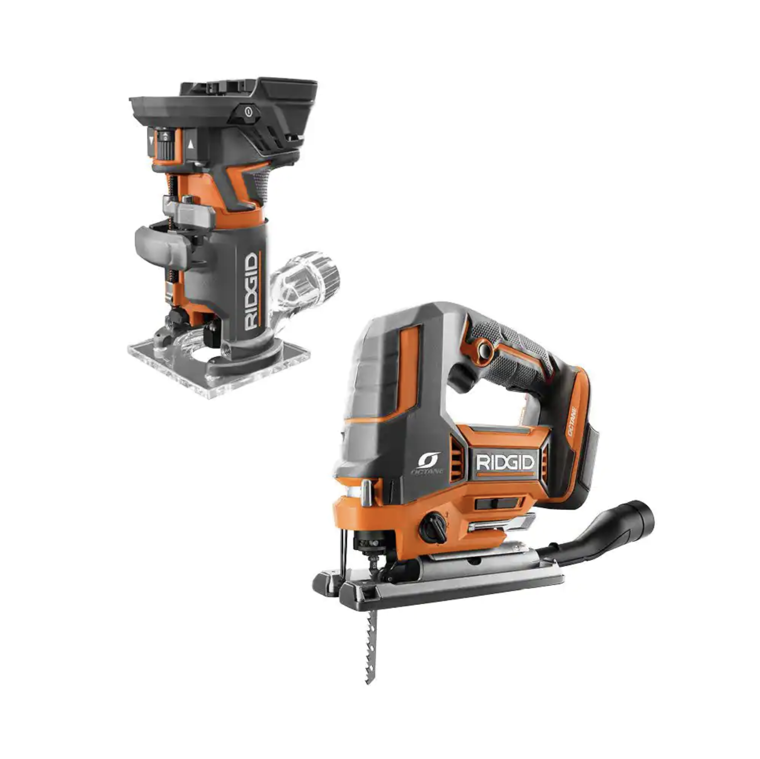 Ridgid 18V OCTANE Brushless Cordless 2-Tool Combo Kit with Compact Fixed Base Router and Jig Saw， Tools Only