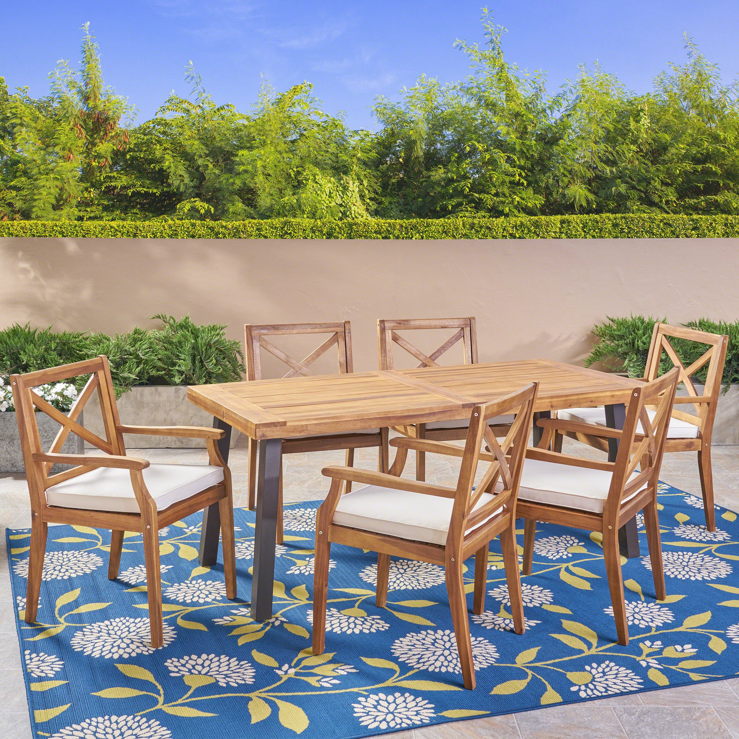 Justin Outdoor Farmhouse Slat-Top 7 Piece Acacia Wood Dining Set with Cushions